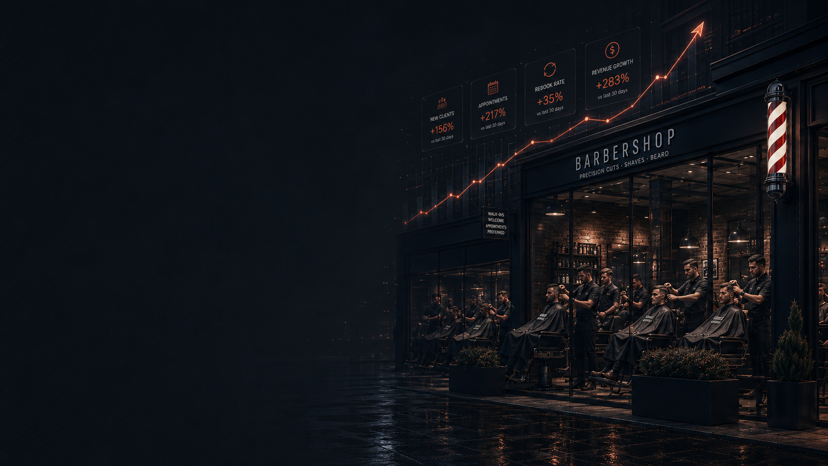 Barbershop at night with live growth stats rising above the storefront